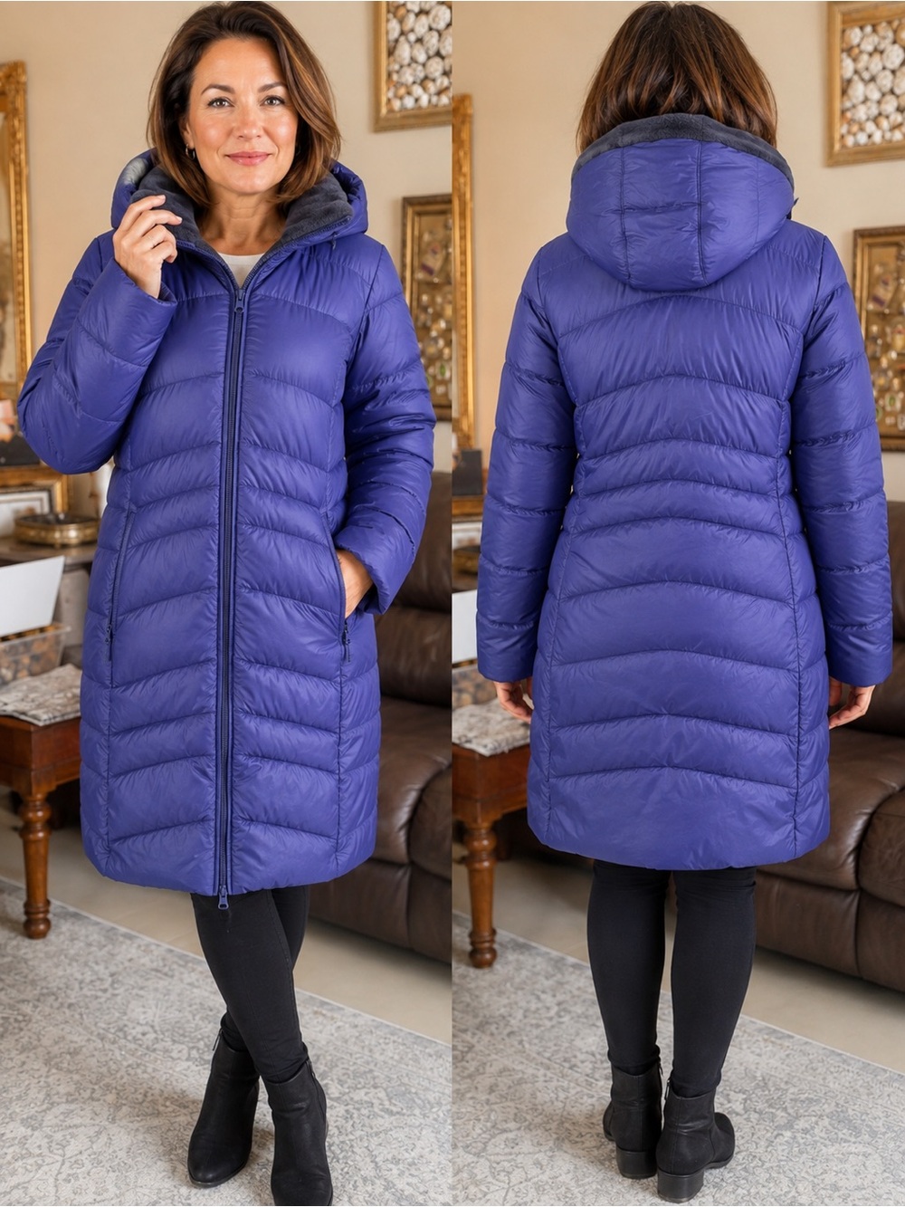 Women’s Long Puffer Coat with Hood - Deep Blue